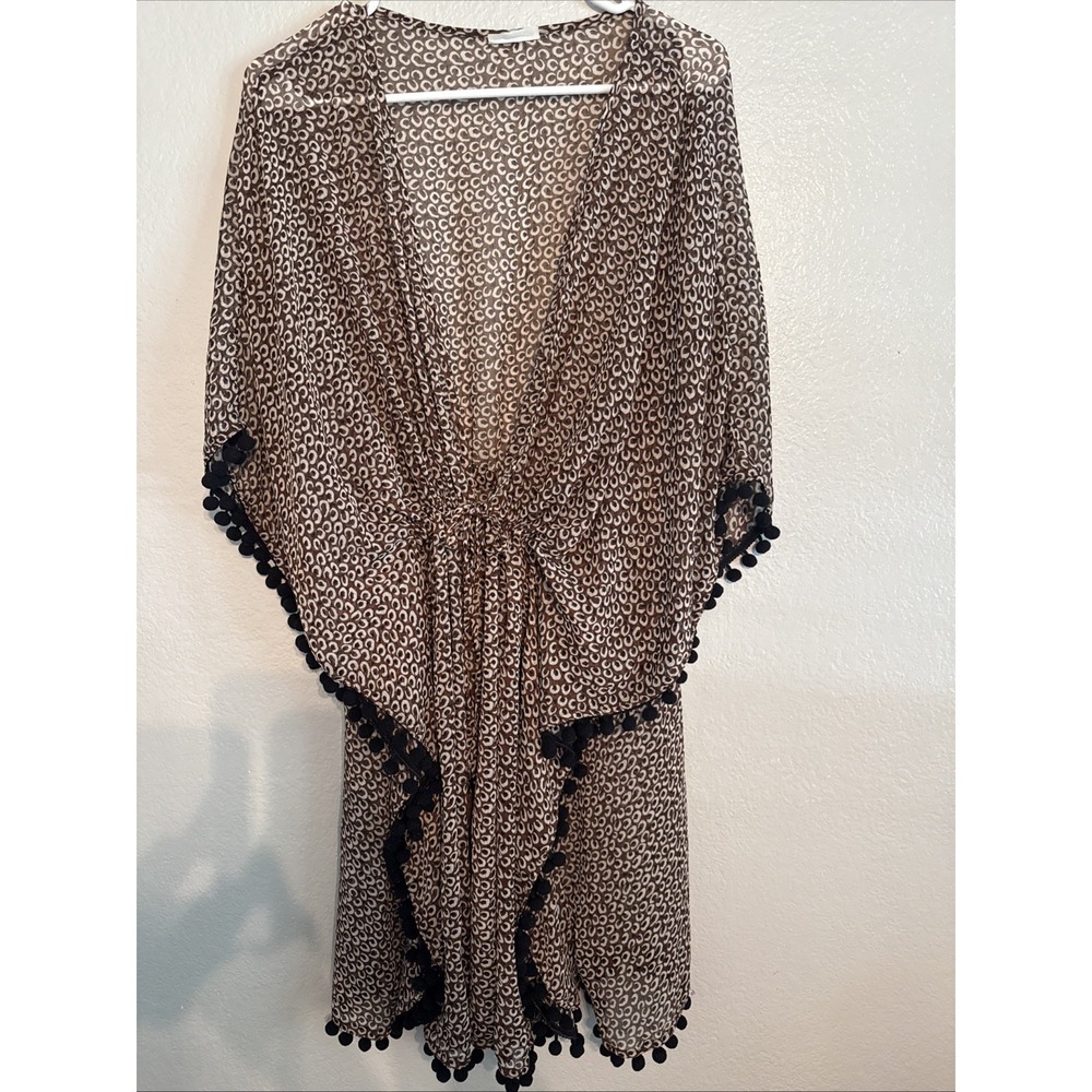 Bleu Rod Beattie Lets Get Loud Leopard Chiffon Cover Up Caftan One Size Pom Pom